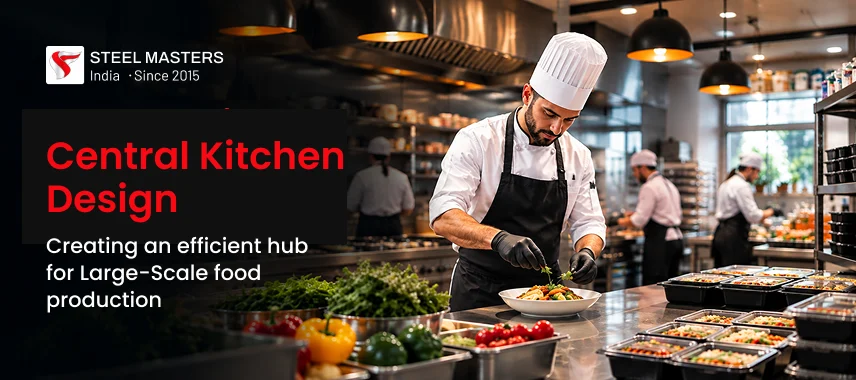 Chefs prepare food in a modern commercial kitchen with stainless steel equipment, fresh ingredients, and neatly arranged meal trays.