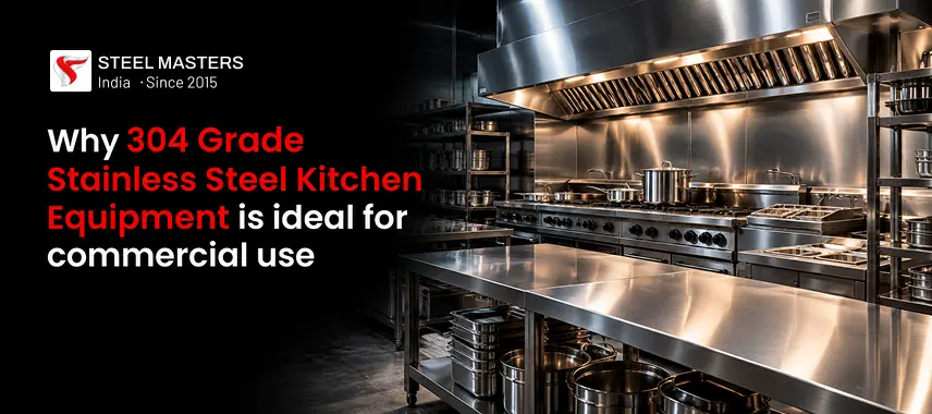 A professional commercial kitchen featuring stainless steel counters, a large stove, an overhead exhaust hood, and various metal pots and containers.