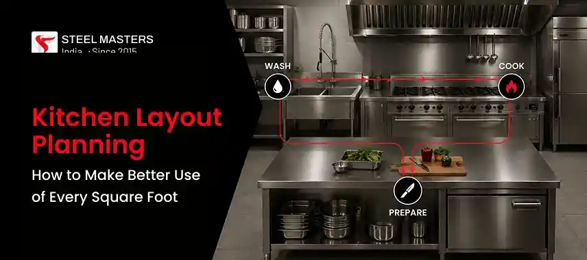 Commercial kitchen with stainless steel counters and appliances, highlighting wash, prepare, and cook workflow zones for efficient layout planning.