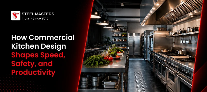 Modern commercial kitchen with stainless steel appliances and organized prep areas emphasizing speed, safety, and productivity.