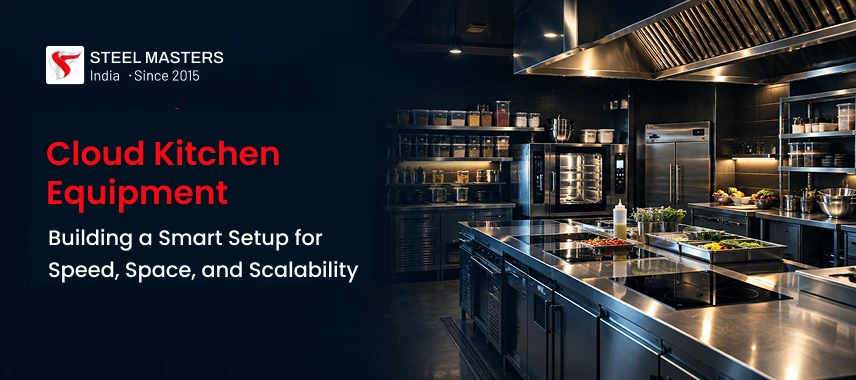 Modern commercial kitchen with stainless steel equipment, cookware, and shelves, alongside text promoting cloud kitchen setups for efficiency and scalability.