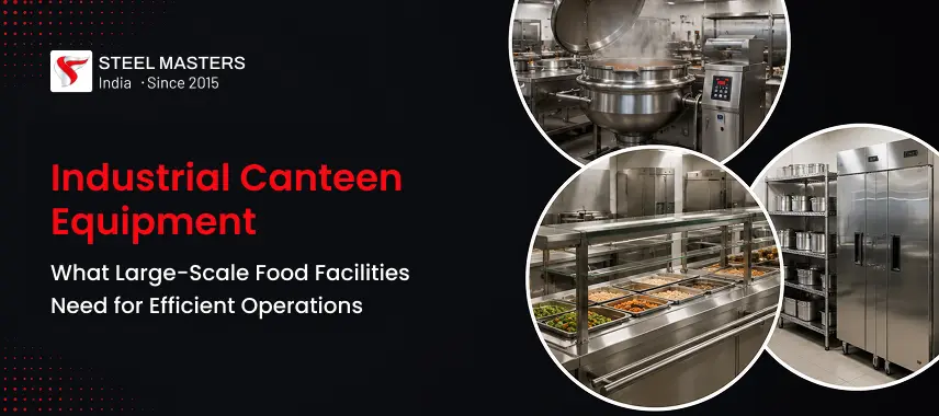 Collage of industrial canteen equipment, including large kitchen appliances, a food serving counter with trays of food, and stainless steel refrigerators.