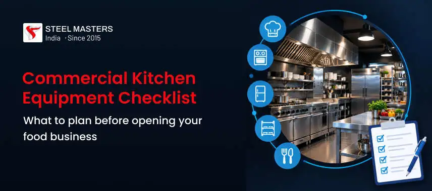 Promotional banner with the text "Commercial Kitchen Equipment Checklist," showing a modern stainless steel kitchen, kitchen-themed icons, and a clipboard with a checklist.