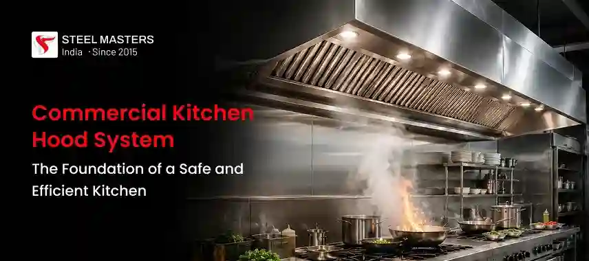 Commercial kitchen hood system above a stove with flames and steam, emphasizing safety and efficiency in cooking environments.