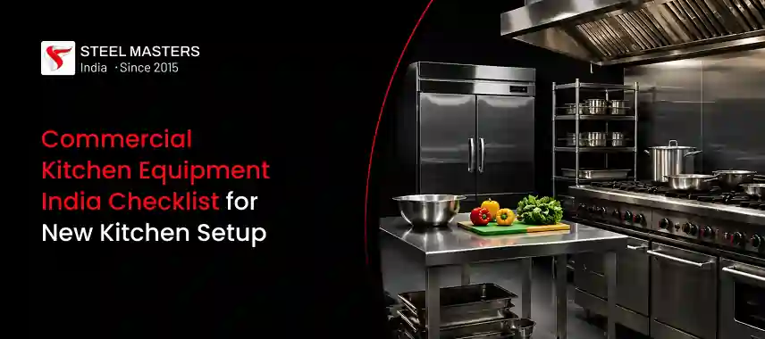 Commercial kitchen setup with stainless steel equipment including refrigerator, stove, and prep table with vegetables and utensils.