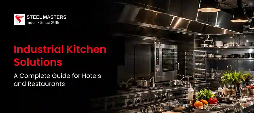 Modern industrial kitchen setup with stainless steel appliances, cookware, and fresh ingredients for hotels and restaurants.