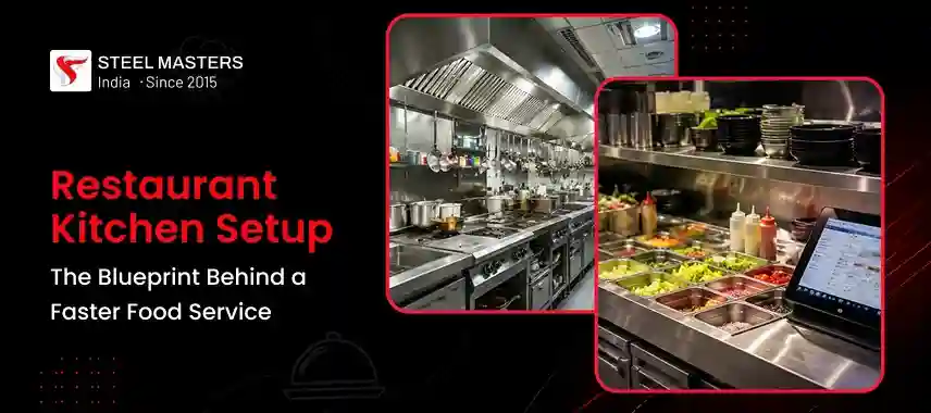 Steel Masters restaurant kitchen setup with commercial cooking equipment, fresh ingredients, sauces, and POS screen, promoting fast-food service.