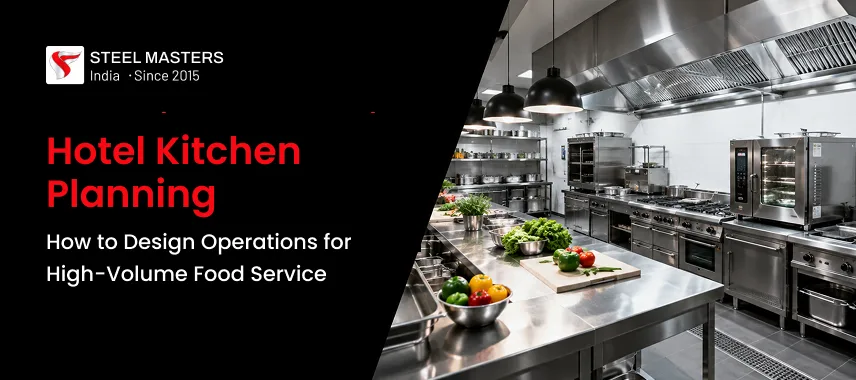 Steel Masters “Hotel Kitchen Planning” graphic beside a bright commercial kitchen with stainless-steel equipment, counters, produce, and cookware.