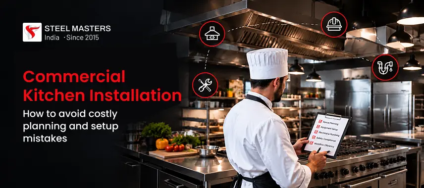 Steel Masters graphic promotes commercial kitchen installation as a chef reviews a checklist in a stainless-steel kitchen, with practical advice to avoid costly mistakes.